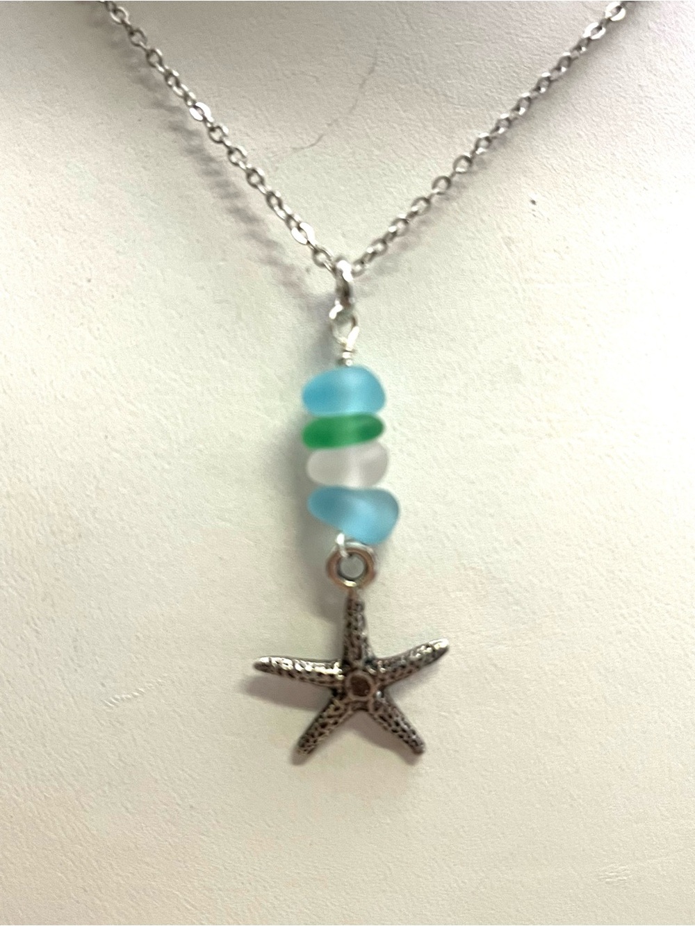 Silver Tone Sea Glass Starfish Necklace Blue Green Beach Glass Coastal Nautical